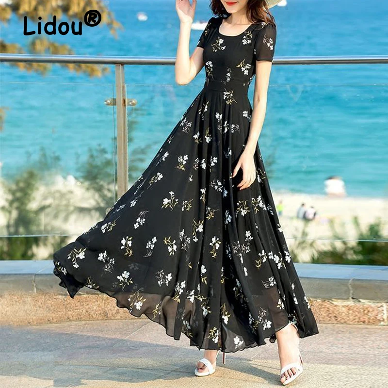 

2023 Women Floral Print High Waist Elegant Party Long Dresses Summer Fashion Slim Short Sleeve Holiday Beach Maxi Dress Vestidos