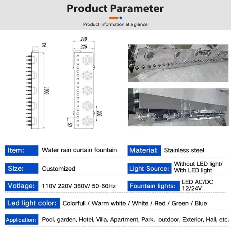 Tenda da pioggia in acciaio inossidabile Fontana a cascata Caratteristica dell'acqua per esterni con luce a LED Ideale per la decorazione della casa del cortile della villa del giardino