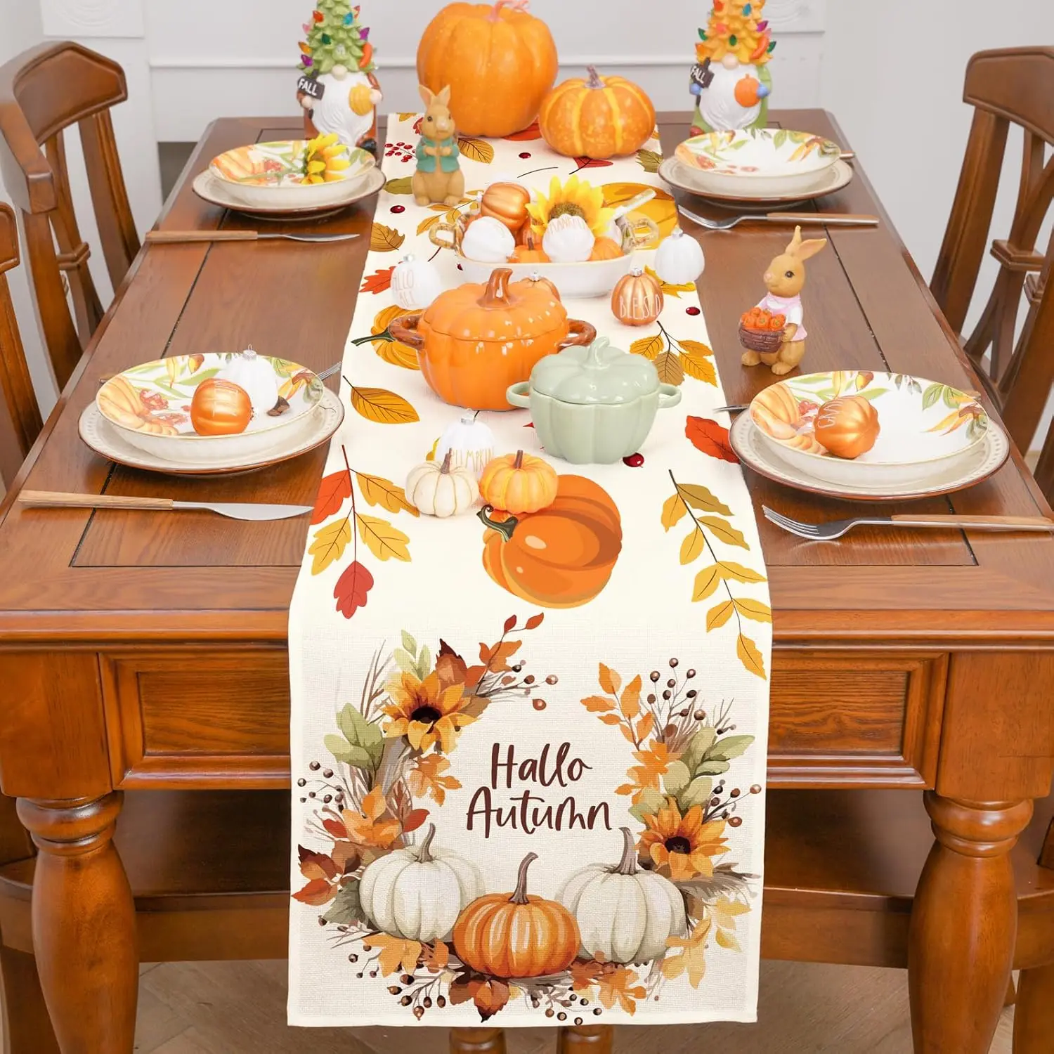 Autumn Pumpkins Maple Leaf Sunflower Wreath Linen Table Runner Holiday Wedding Party Dining Table Decor Thanksgiving Decorations