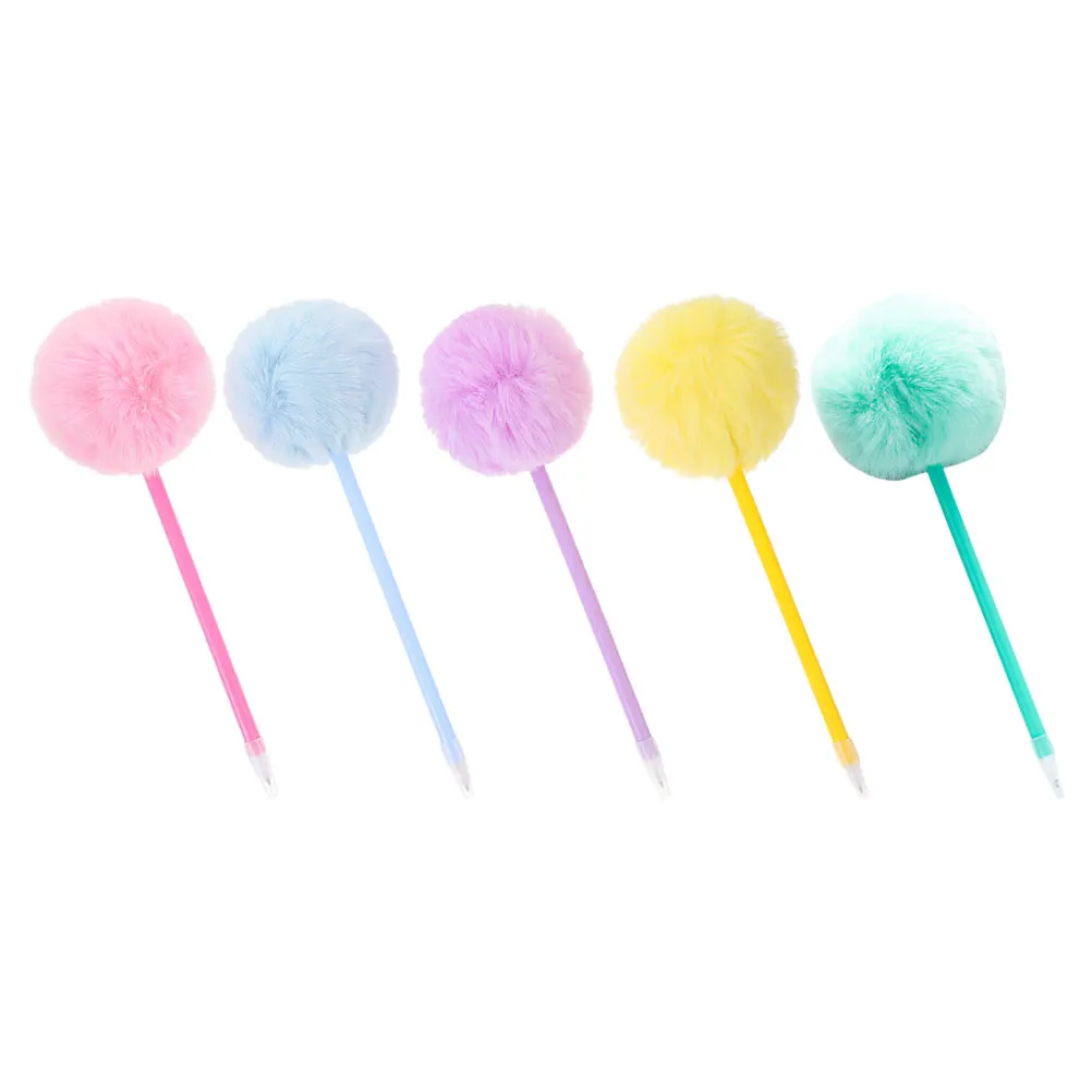 

5pcs Cute Hair Ball Pen Cartoon Bright Colors Kids Girls Drawing Office Supplies
