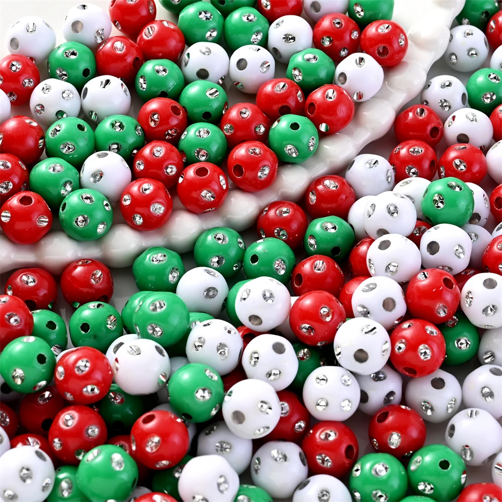 Christmas Rhinestone Inlaid Acrylic Round Beads 8/10mm Loose Spacer Beads For DIY Jewelry Making Xmas Garland Handcraft Supplies