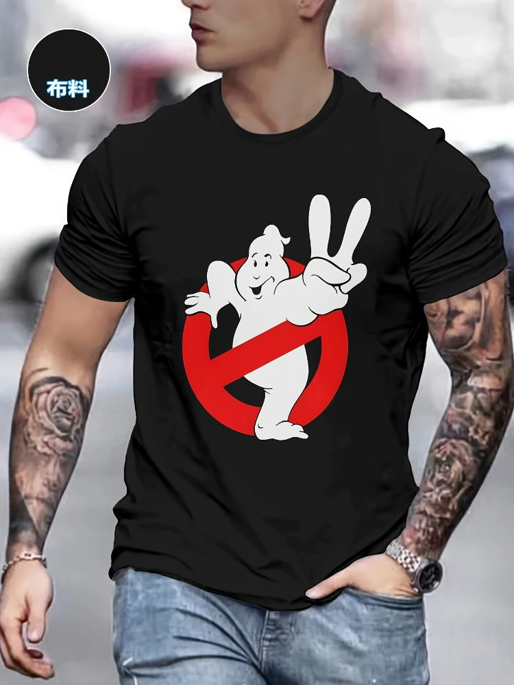 

Men'S Casual Crew Neck T-Shirt with Ghost & Red Circle Design-100% cotton summer short sleeve printed T-shirt.