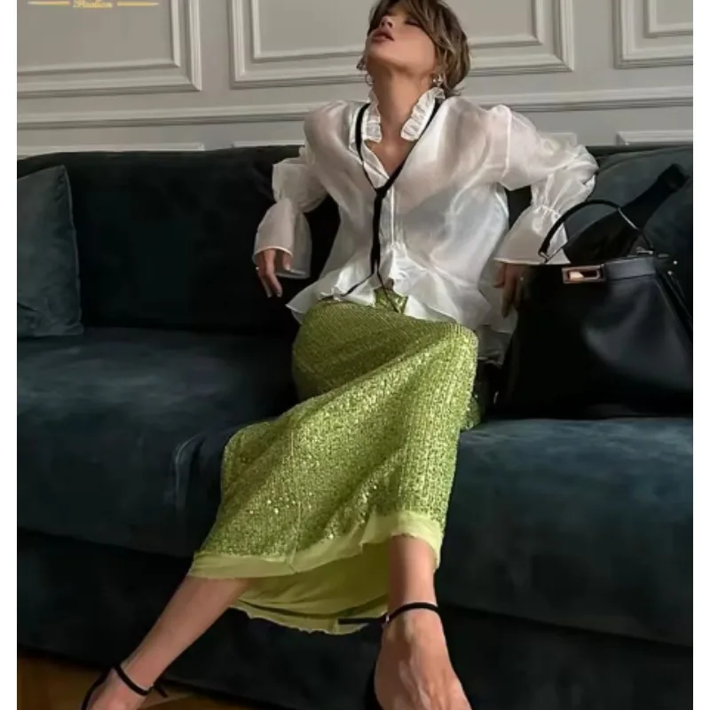 

Trendy Sexy Loose White Women'S Shirt New Ruffle Collar Long Sleeve Blouses Elegant See Through Top Female Clothing High Street