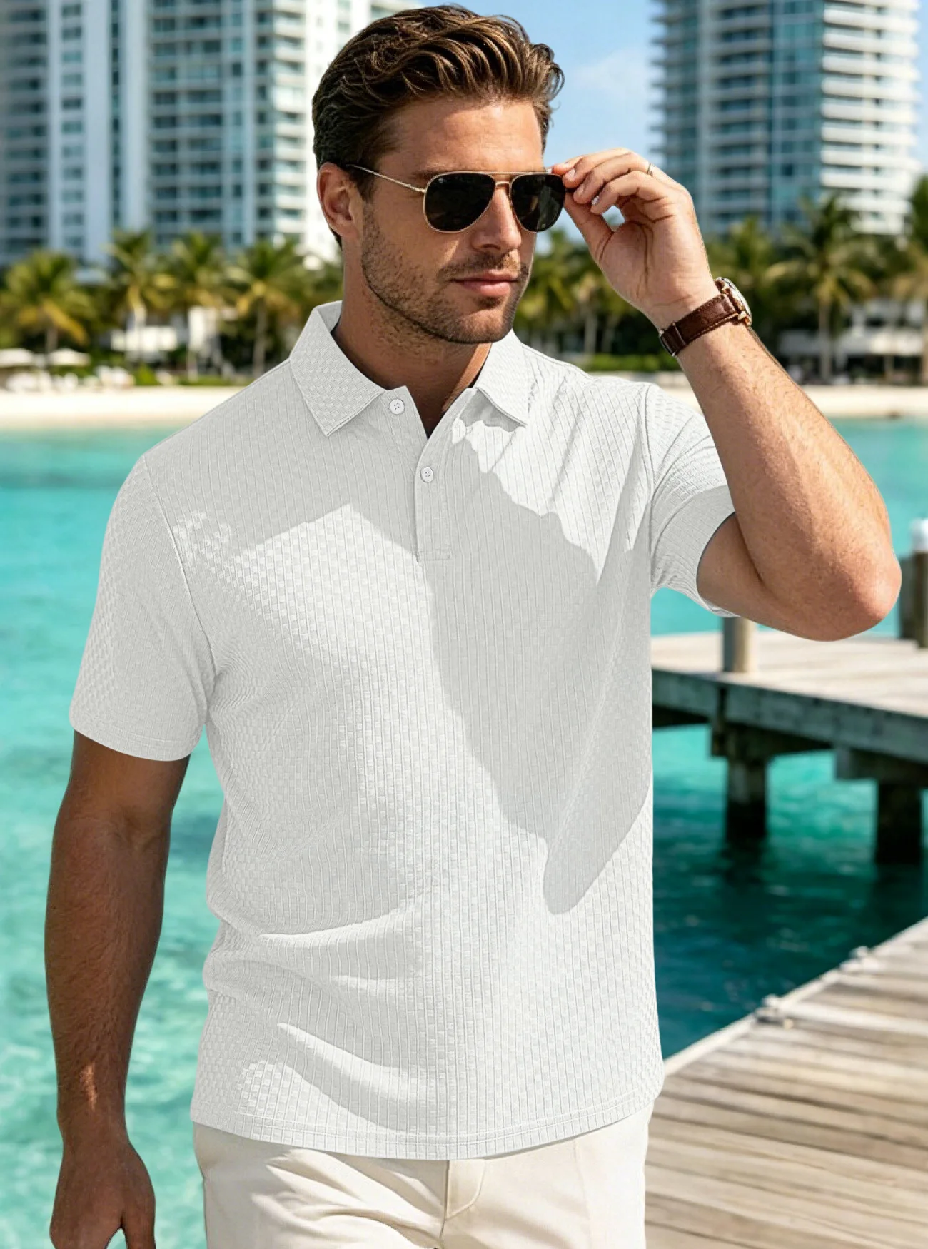 

Summer men's waffle casual short-sleeved polo shirt with breathable plain-color collar, suitable for shopping and exercise wear