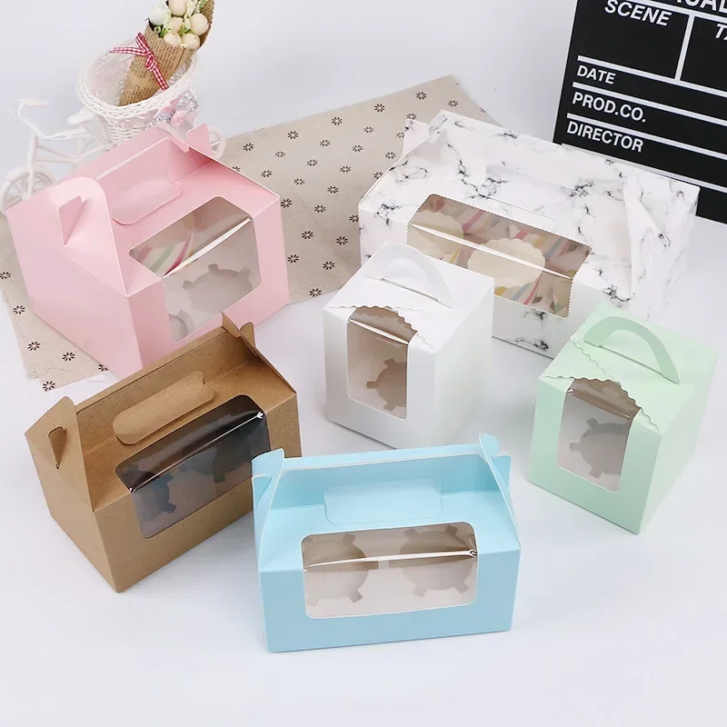 2/4/6 Grain Paper Cup Cake Box Transparent Window Muffin Box White Cardboard Portable Baking Packaging Box