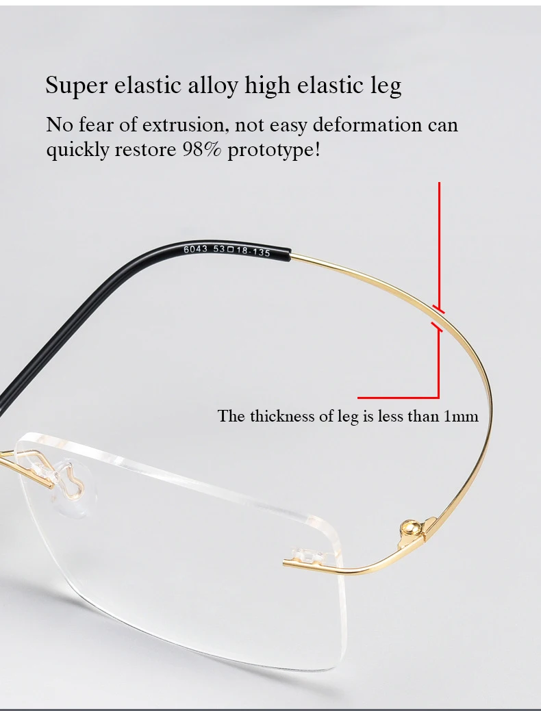 New 2022 Rimless Glasses Frame with Recipe Customized Lenses Shapes Flexible Temple Legs Prescription Eyeglasses for Men Women