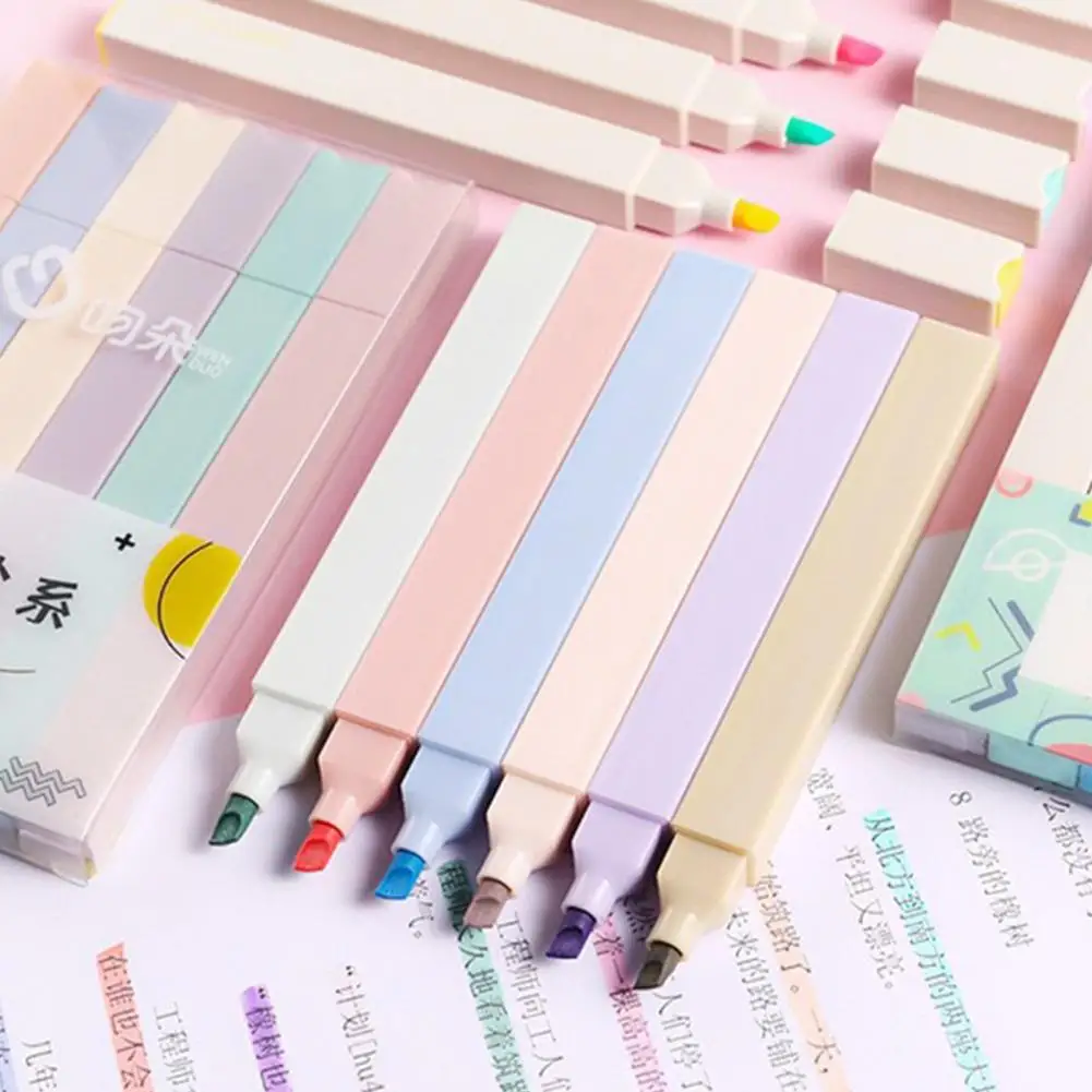 Resaltadores de colores Pastel de agarre cómodo, bolígrafos fluorescentes de punta suave para estudiantes, juego de rotuladores de colores de barril cuadrado, 6