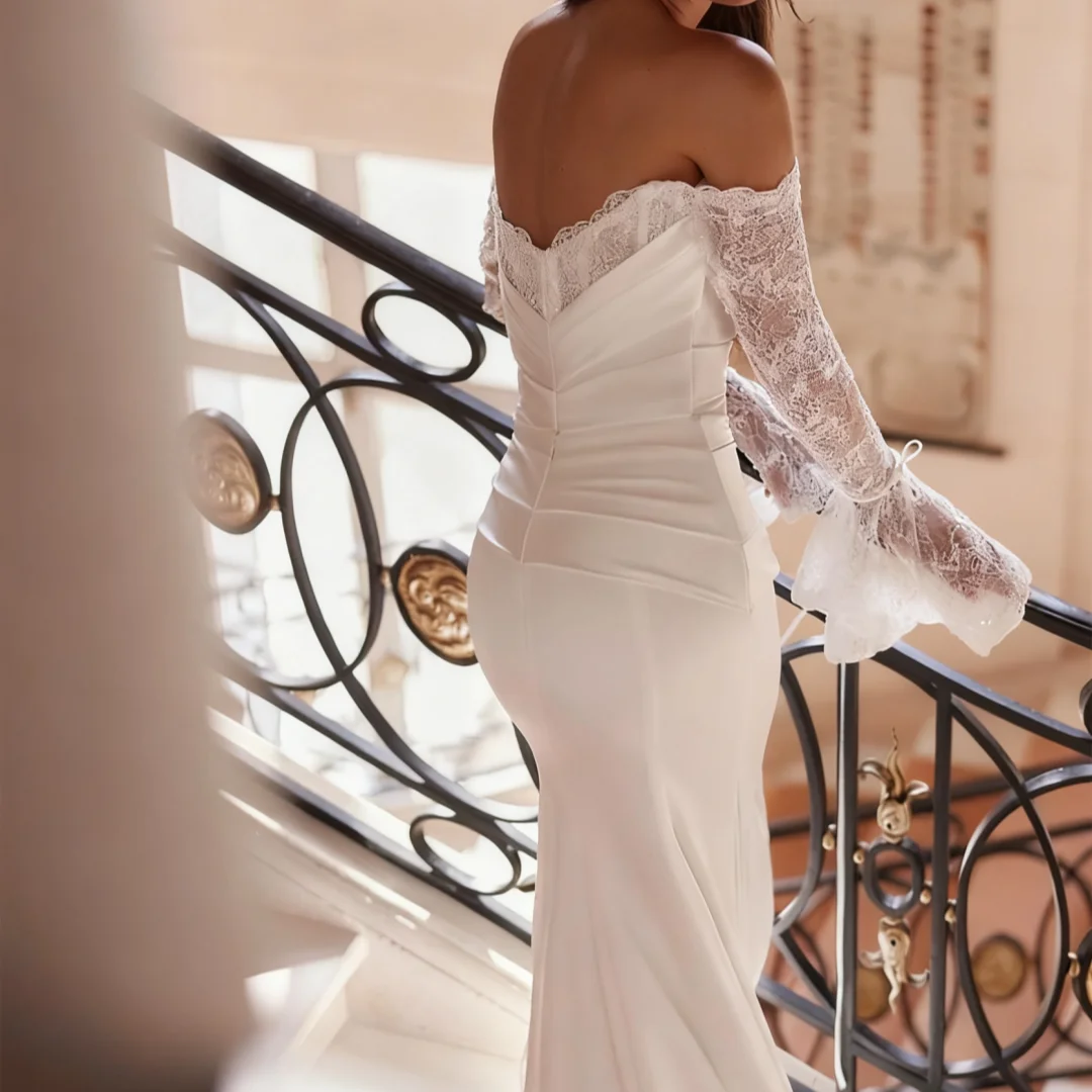 فساتين زفاف حورية البحر الساحرة قبالة الكتف وأكمام طويلة فساتين الزفاف بريق الخرز الظهر سويب تراين Robes de Mariee