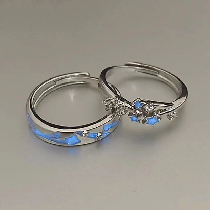 2Pc Luminous Star Adjustable Finger Ring Vintage Luxury Love Couples Rings Glow In Dark Y2K Jewelry Valentine\'s Day Gift