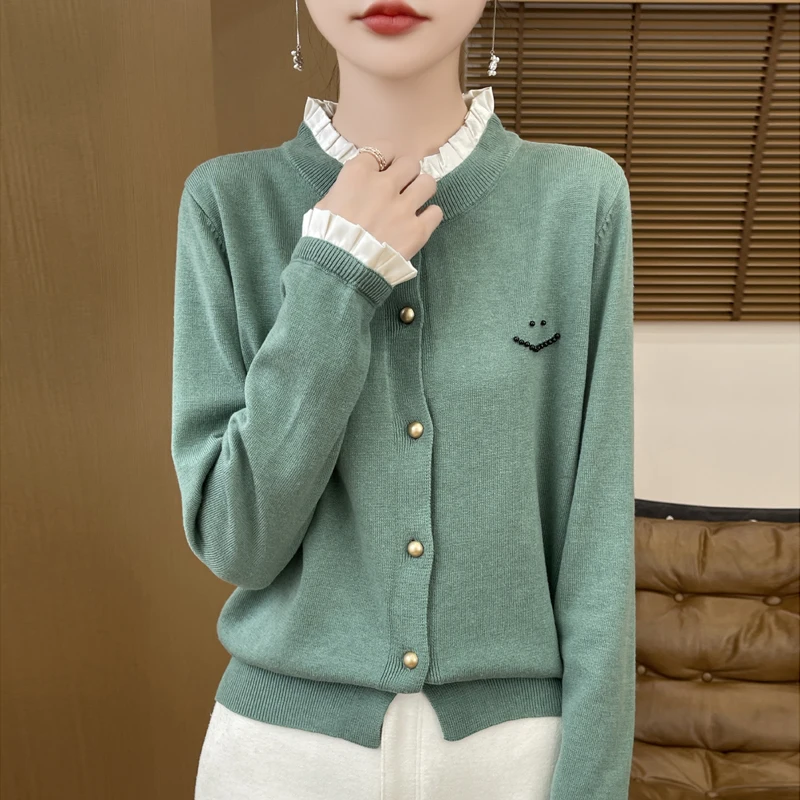 

Spring and Autumn New Mushroom Crewneck Knitted Cardigan Women's Sweater Jacket Loose Outside with Style Base Long Sleeves