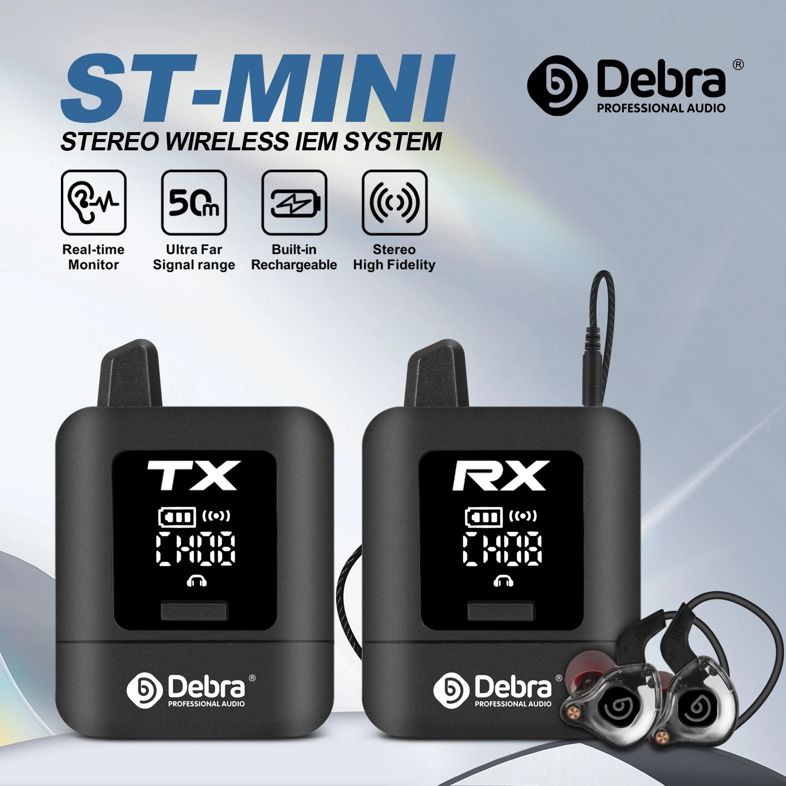 Debra ST-MINI Stereo Wireless In-Ear Monitor System, UHF Built-in Rechargeable System, Multi-band Switching, for Wedding, Band