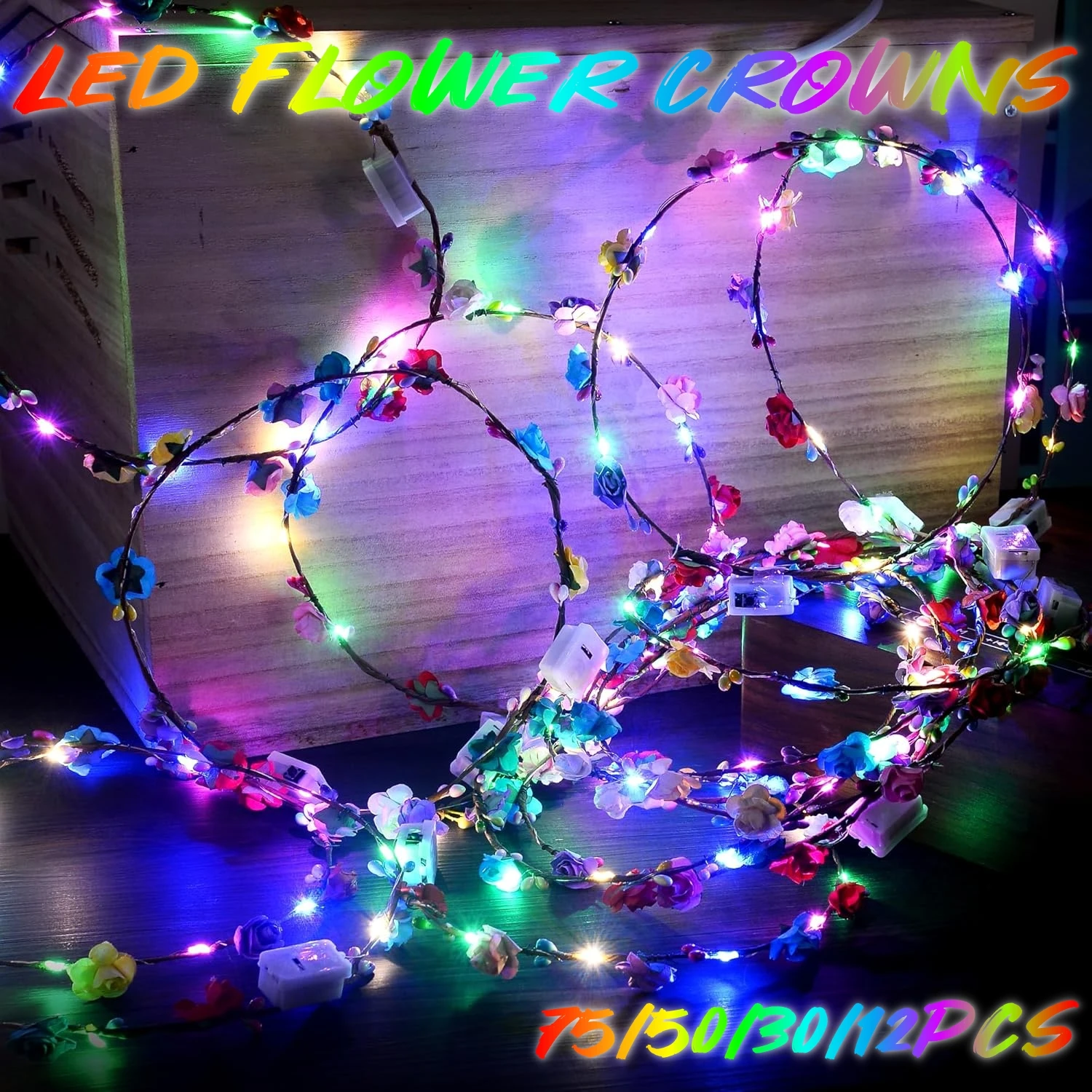 

75/50/30/12Pcs LED Flower Headbands Glowing Flower Crowns LED Wreath Headband Flower Hair Accessories For Wedding Party Concert