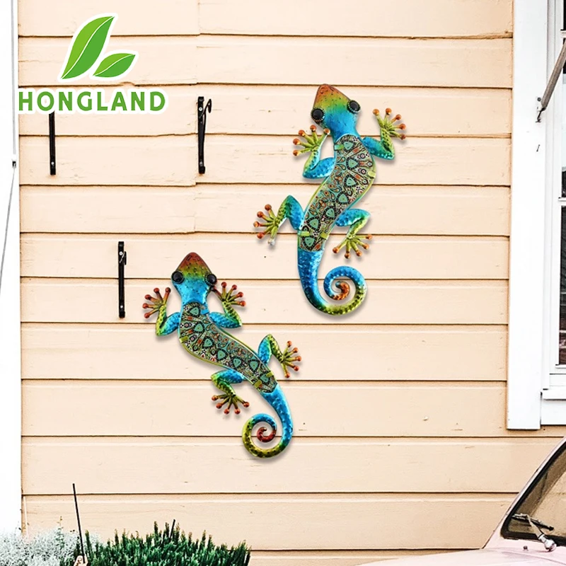 Metal Gecko Wall Decoration, Lizard Garden Art, Hanging Glass Sculpture, Indoor and Outdoor, Terrace Fence, 3 Color, 2 Pcs