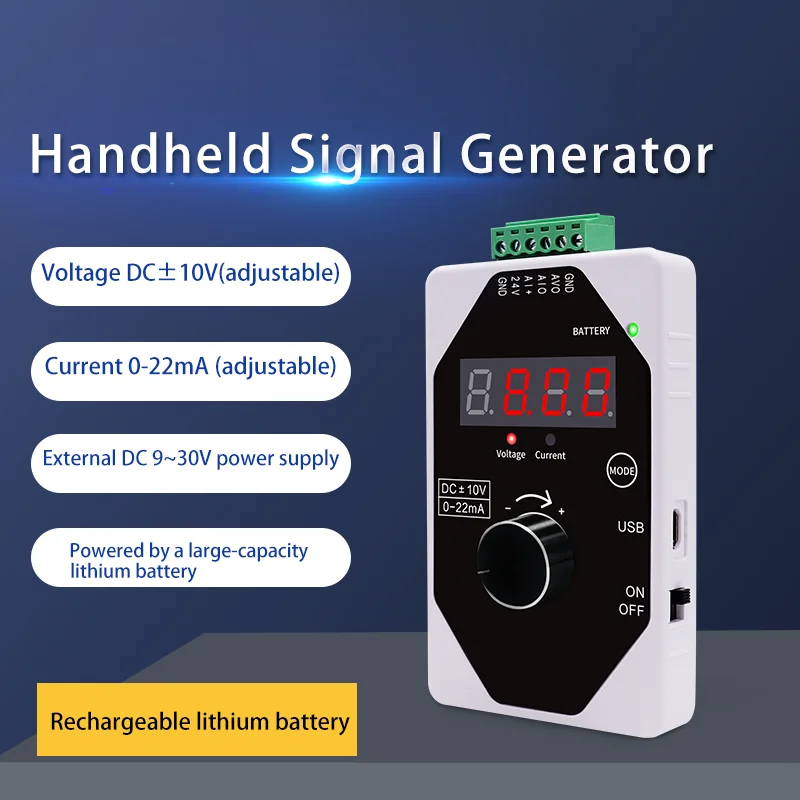 

Профессиональный генератор сигналов для отладки ПЛК с регулируемым выходом тока 0-22 мА и напряжения ±10 В
