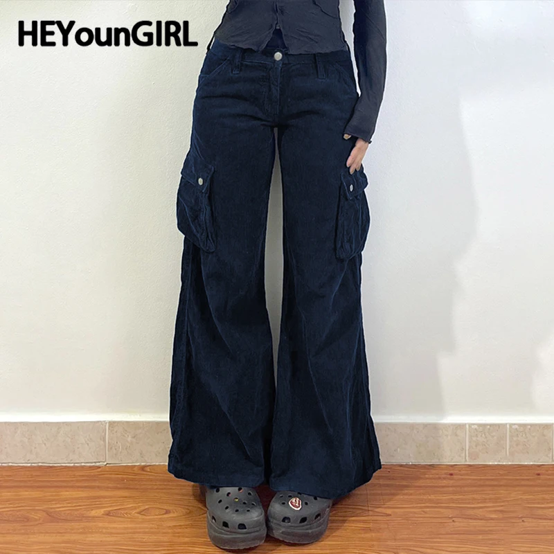 HEYounGIRL Y2K Corduroy Cargo Pants Dark Blue Vintage Stylish 90s Winter Pockets Straight Trousers Harajuku Casual Streetwear