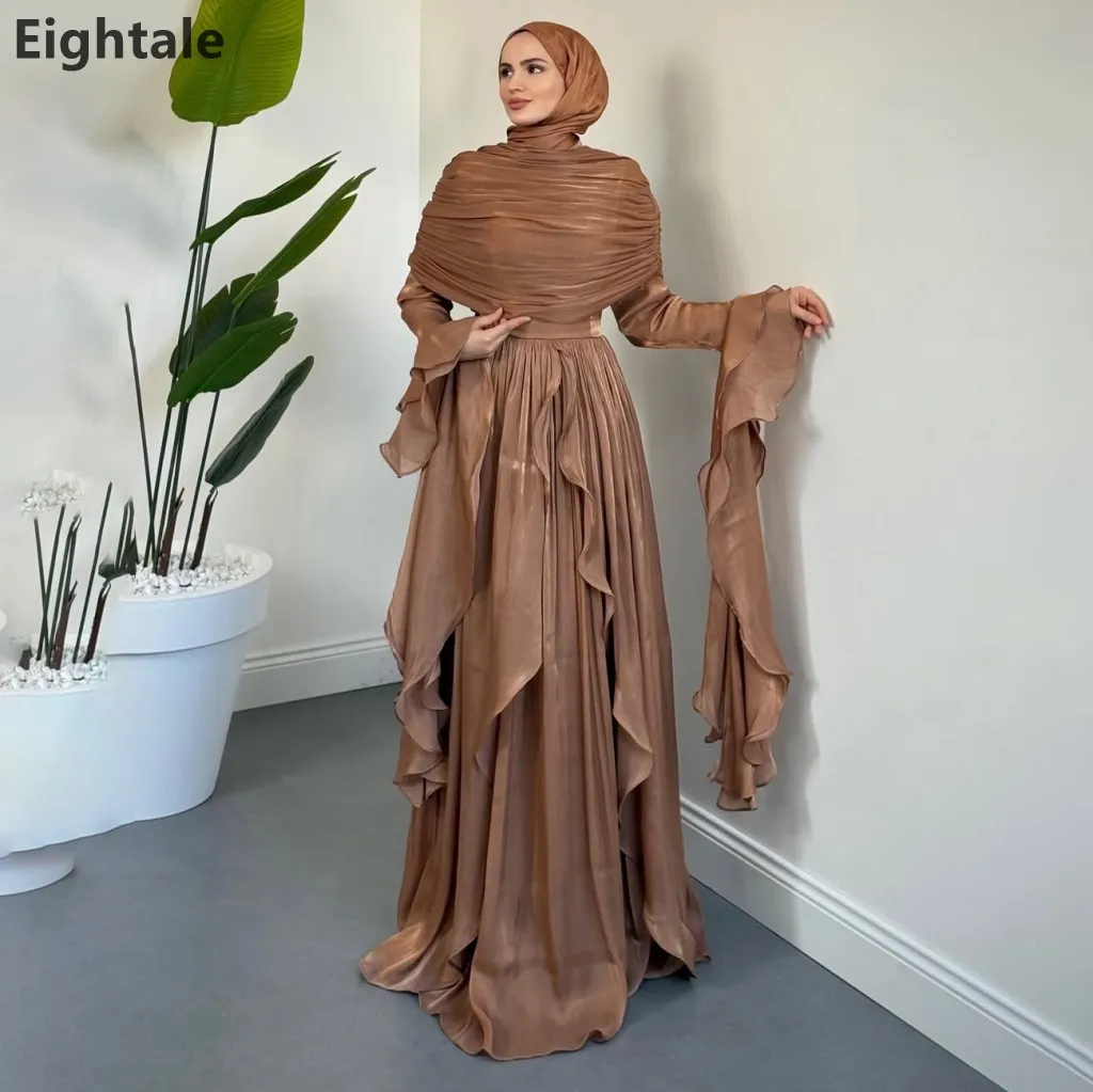 

Eightale 2025 Brown Silk Chiffon Maxi Evening Dress Long Sleeve Wedding Party Formal Prom Dress Dubai Party Gown Customized