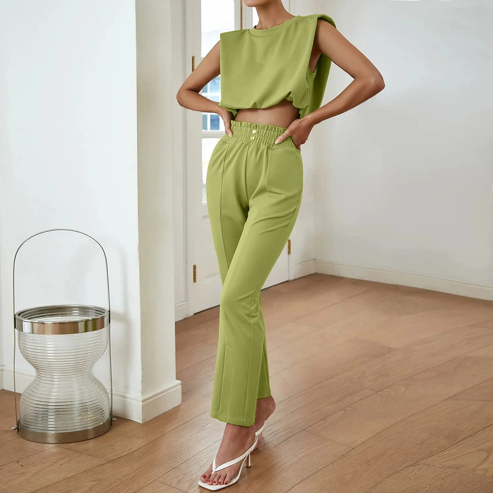 Mia Muse Sets Summer Simple Decent Solid Color Regular Sleeveless Crew Neck Top HIgh Waist Full Long Slit Pant Sets for Women