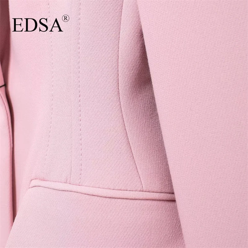 EDSA Women Pink Single Button Blazer Jacket with Flap Pockets for Office Lady Solid Collar Long Sleeves