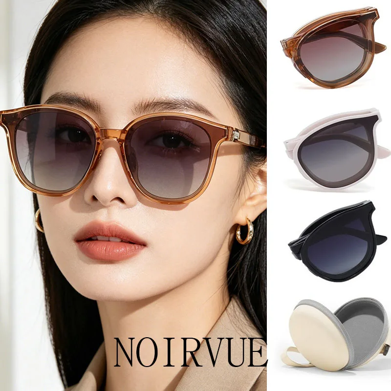 NOIRVUE 2026 Trendy Foldable Gradient Grey Polarized Sunglasses Women Oval Retro UV400 Sunscreen Glasses with Portable Case