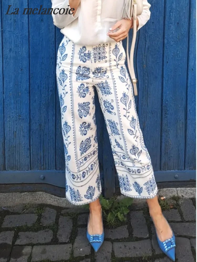 

Blue Print Pants Women Fashion Casual Embroidered Decorate Straight Wide Leg Trouser 2024 Summer New Bottom Up Pockets Bottoms