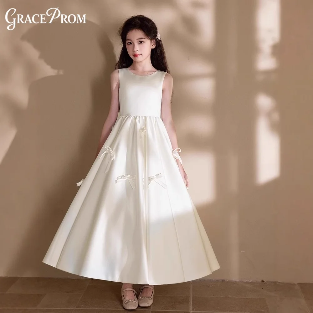 Elegant Ivory Satin Flower Girl Dress Sleeveless Round Neck Side Bow Details Kids Wedding Pageant Princess Formal Party Gown