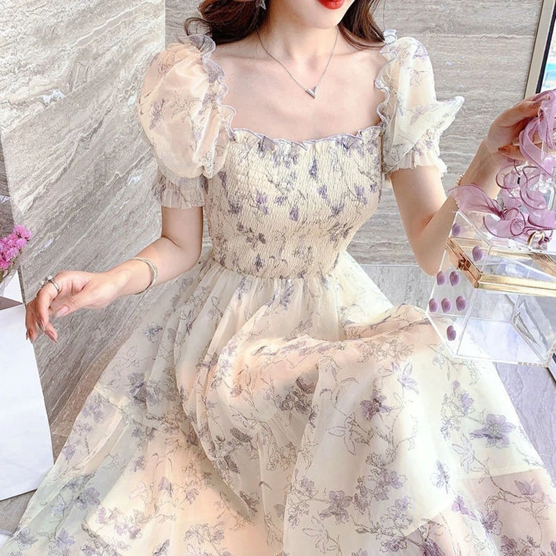 Square Collar Puff Short Sleeve Ink Painting Dress Korean Elegant Fashion Chiffon Dress Summer French Vintage Floral Dress