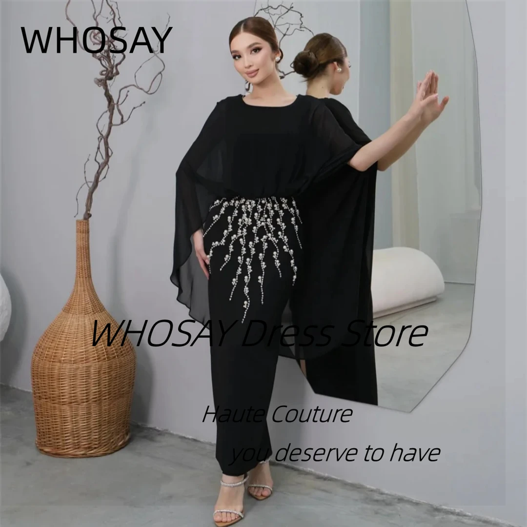 

WHOSAY Customized Black Prom Dresses O-Neck Saudi Arabia Party Evening Gowns Handmade Beading Ankle Length فساتين سهر