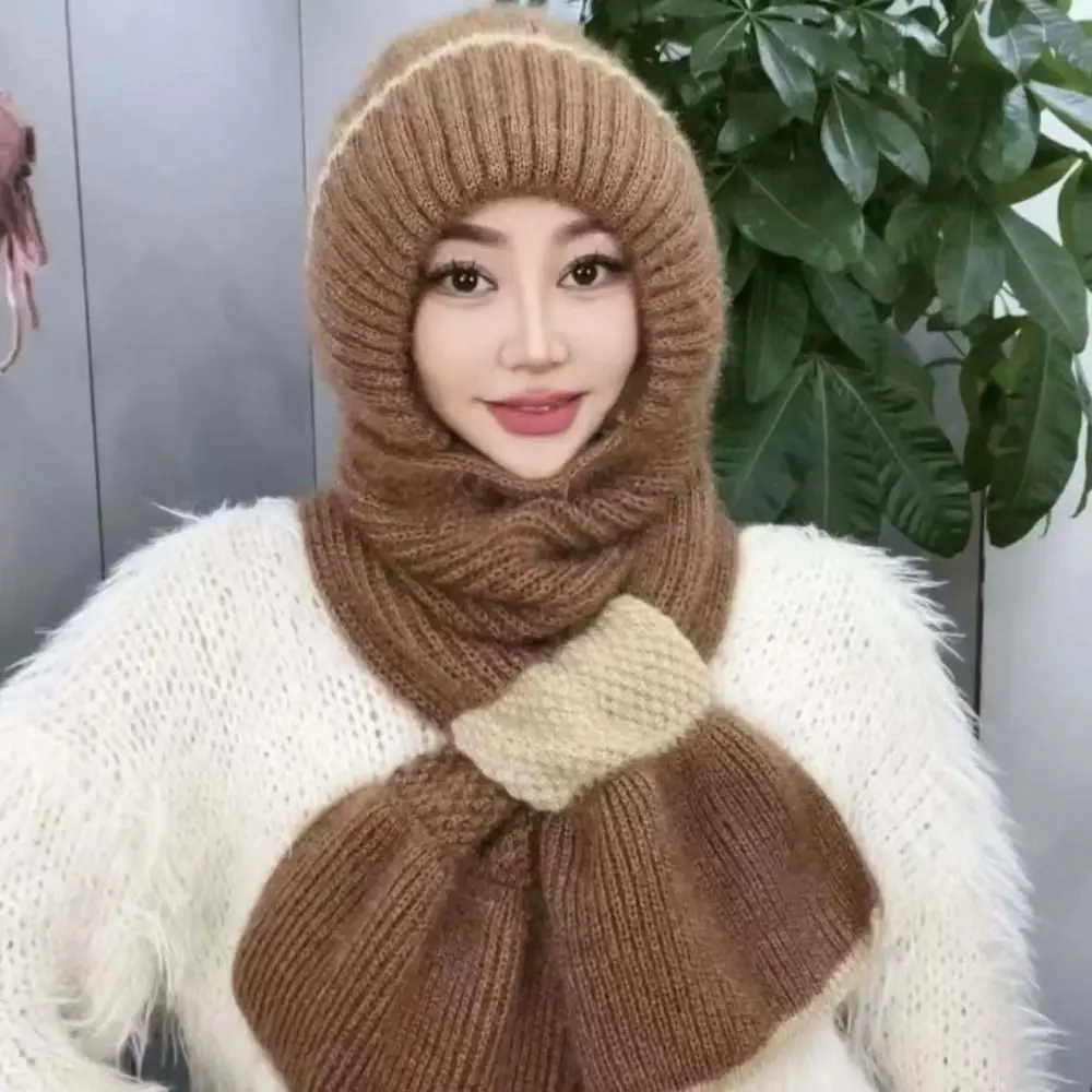 Patchwork Design Knitted Hat Scarf Set Fleece Lined Windproof Hooded Scarf Hat Thick Knit All In One Thermal Winter Headwear