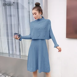 EHQAXIN New Women's Knitted Dress Set Fashion 2023 Temperament Beaded Sweater Vest+Elegant Pleated Knit Dresses Sets One Size