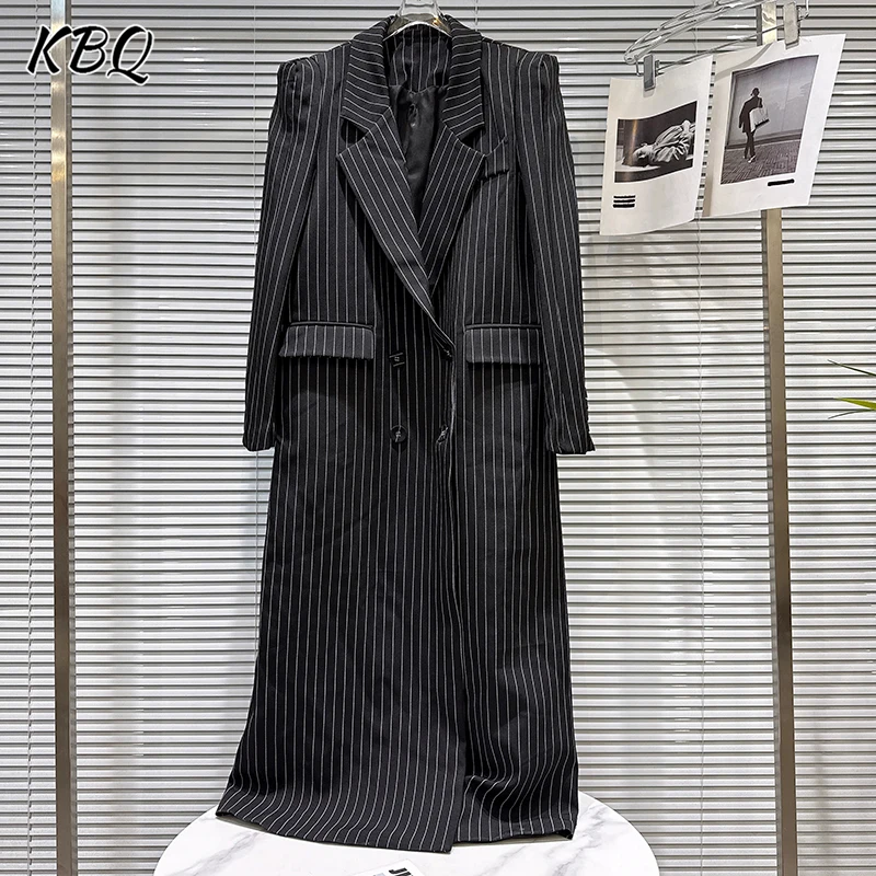 

KBQ Casual Slimming Stripe Jackets For Women Lapel Long Sleeve Spliced Pockets Autumn Temperament Jacket Female Fashion Style
