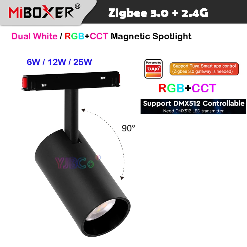 Miboxer 48V Zigbee 3.0+2.4G 6W 12W 25W LED Magnetic Spotlight RGB+CCT/Dual White Ceiling Light Tuya CCT Tracklamp Remote Control