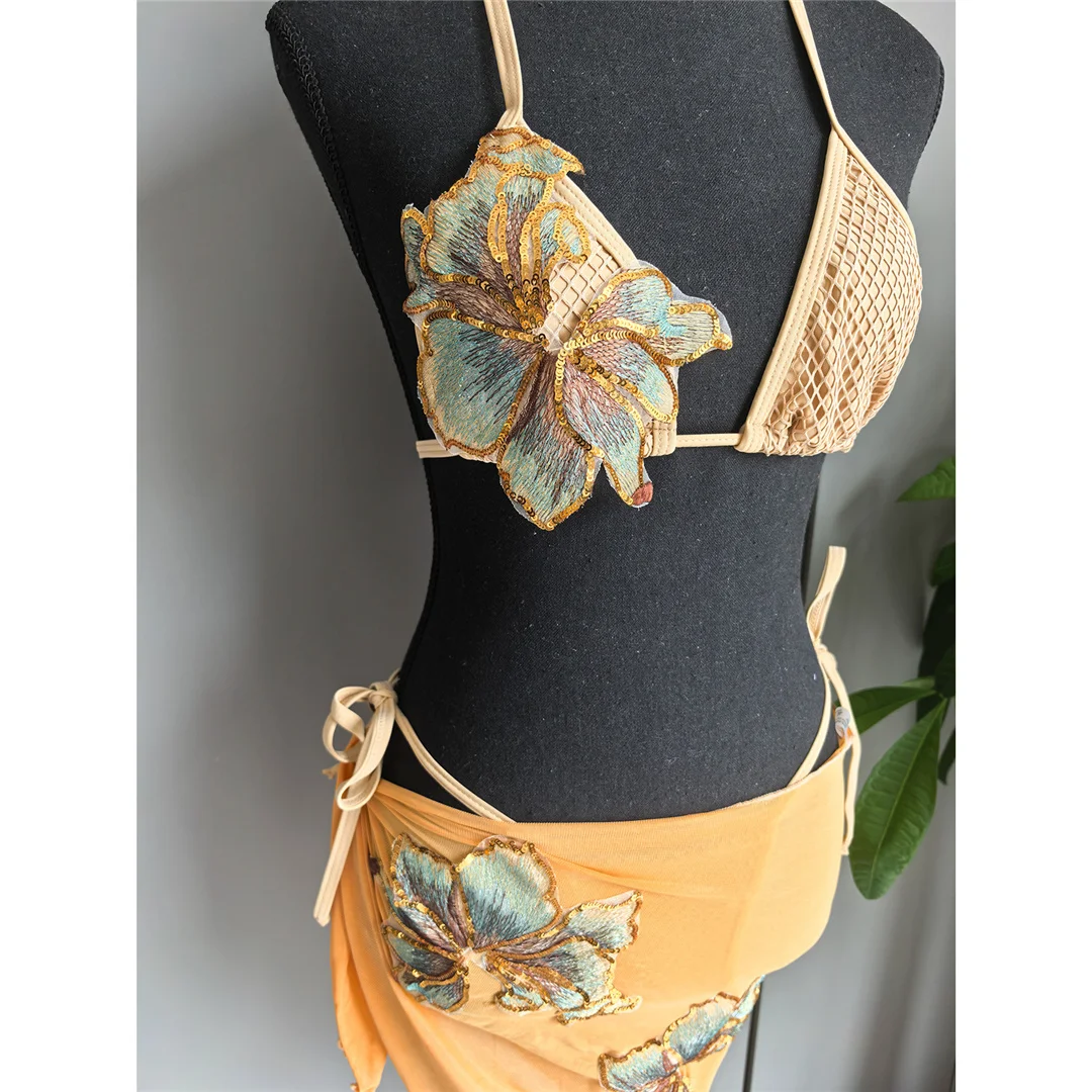 Mit Sarong-Blumenmuster, Neckholder-Bikini, Damen-Badebekleidung, dreiteiliges Bikini-Set, Badeanzug, Badebekleidung, Schwimmbekleidung V7286 – Detail 5