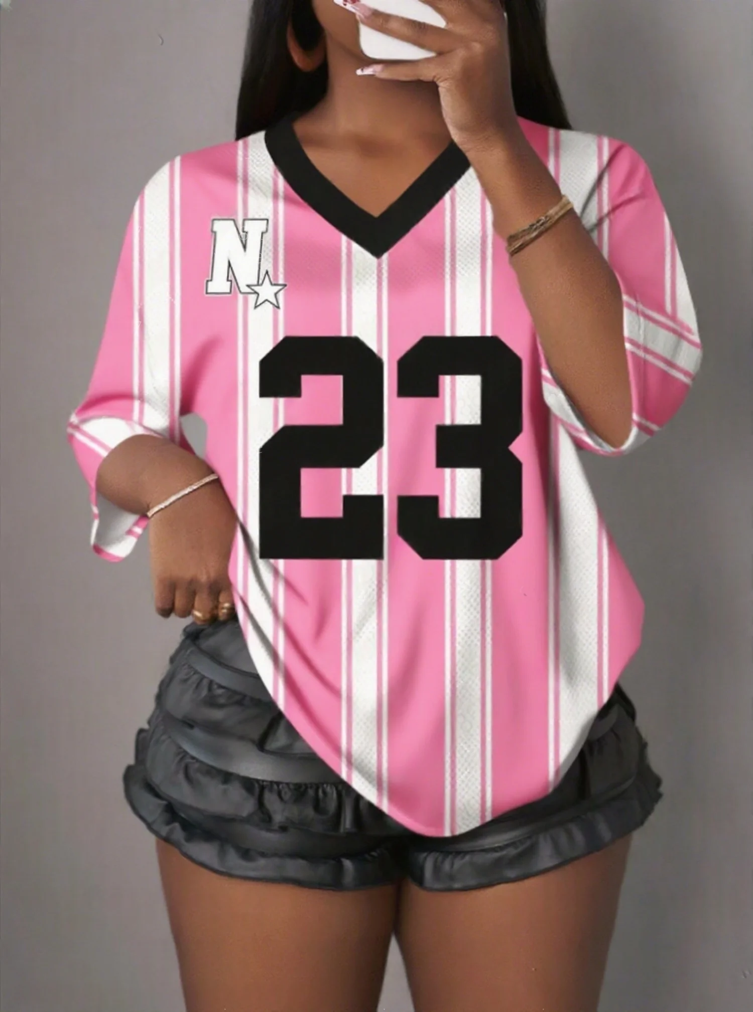 

Красочная полоска No 23 с принтом, женская футболка с коротким рукавом, летние модные топы, футболка, бейсбольные майки, полосатая спортивная футболка большого размера