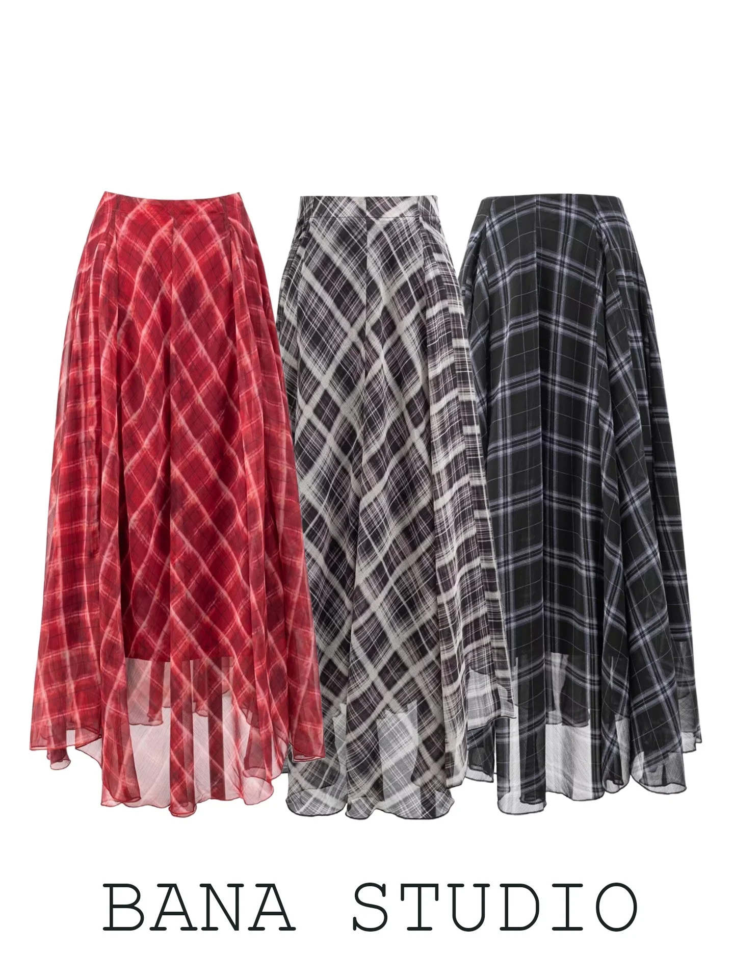 BANA Summer 2026 New Style Long Plaid Skirt Women's High Waist Asymmetrical Midi Skirt Casual City Walk Travel Shopping