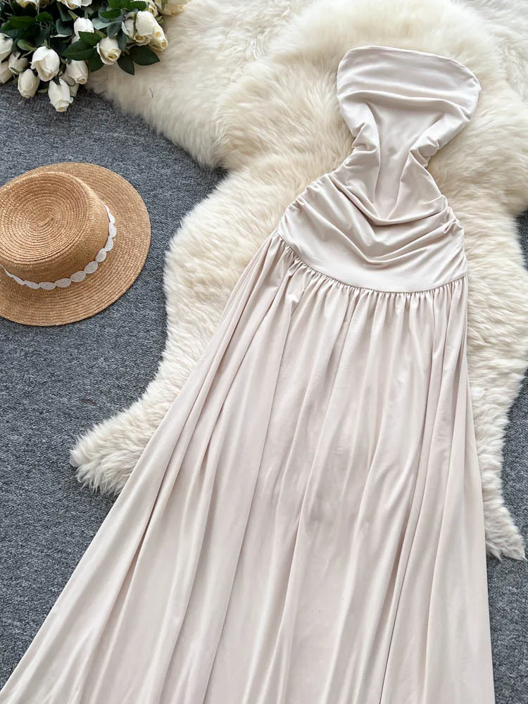 فستان نسائي طويل أنيق على شكل حرف a مثير مكشوف الأكتاف بحاشية كبيرة تصميم تنحيف تنورة جميلة نمط مناسب للتنقل فستان صيفي