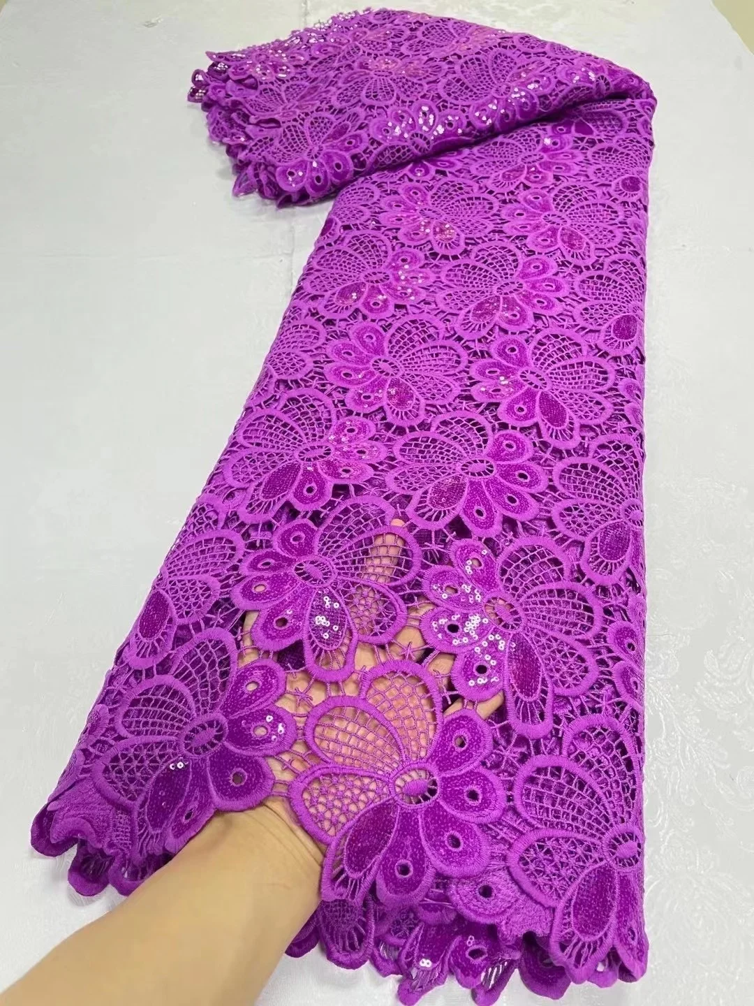 

African Guipure Lace Fabric Embroidery New High Quality Sequins Water Soluble Cord Milk Silk Lace Fabric For Wedding Party Dress