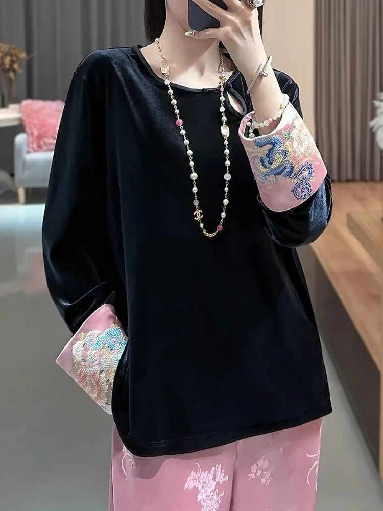 New Chinese Style Improved Gold Velvet Long Sleeve T-Shirt Women's Tang Suit Embroidery Elastic Base Shirt Winter Collection