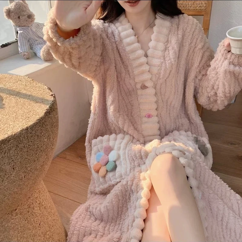 New Winter Cute Girls Pajama Sets Flannel Fleece Thicken Warm Women Homewear Coral Velvet Button Fly Sleepwear Cute 2Pcs Pajamas