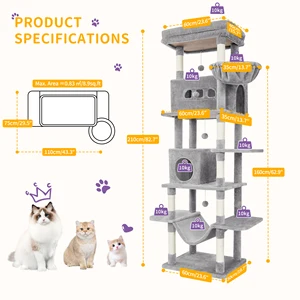 Pohon Kucing Hzuaneri, Menara Kucing Besar 210 cm untuk Kucing Dalam Ruangan, Rumah Kucing Bertingkat dengan Kondominium, 8 Tiang Garukan, 4 Pom Pom 12 kastil kucing penjualan terbaik - №