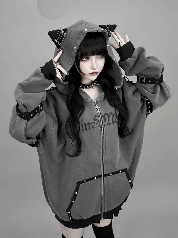 Sweat-shirt gothique foncé avec fermeture éclair pour femme, vêtement Punk, avec oreilles de chat, sous-culture, automne-hiver, Y2K, années 2000