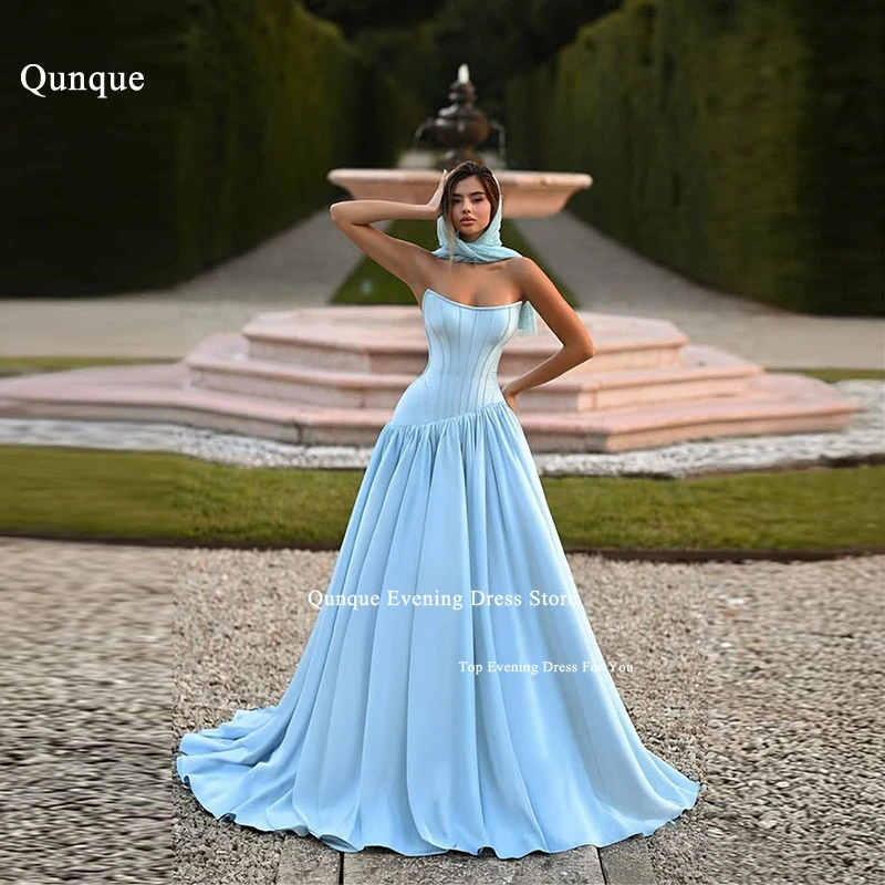 Qunque Himmelblaue, trägerlose, drapierte Ballkleider, A-Linie, ärmellos, Vestidos De Noiva, Satin, formelle lange Abendkleider, individuell gestaltet