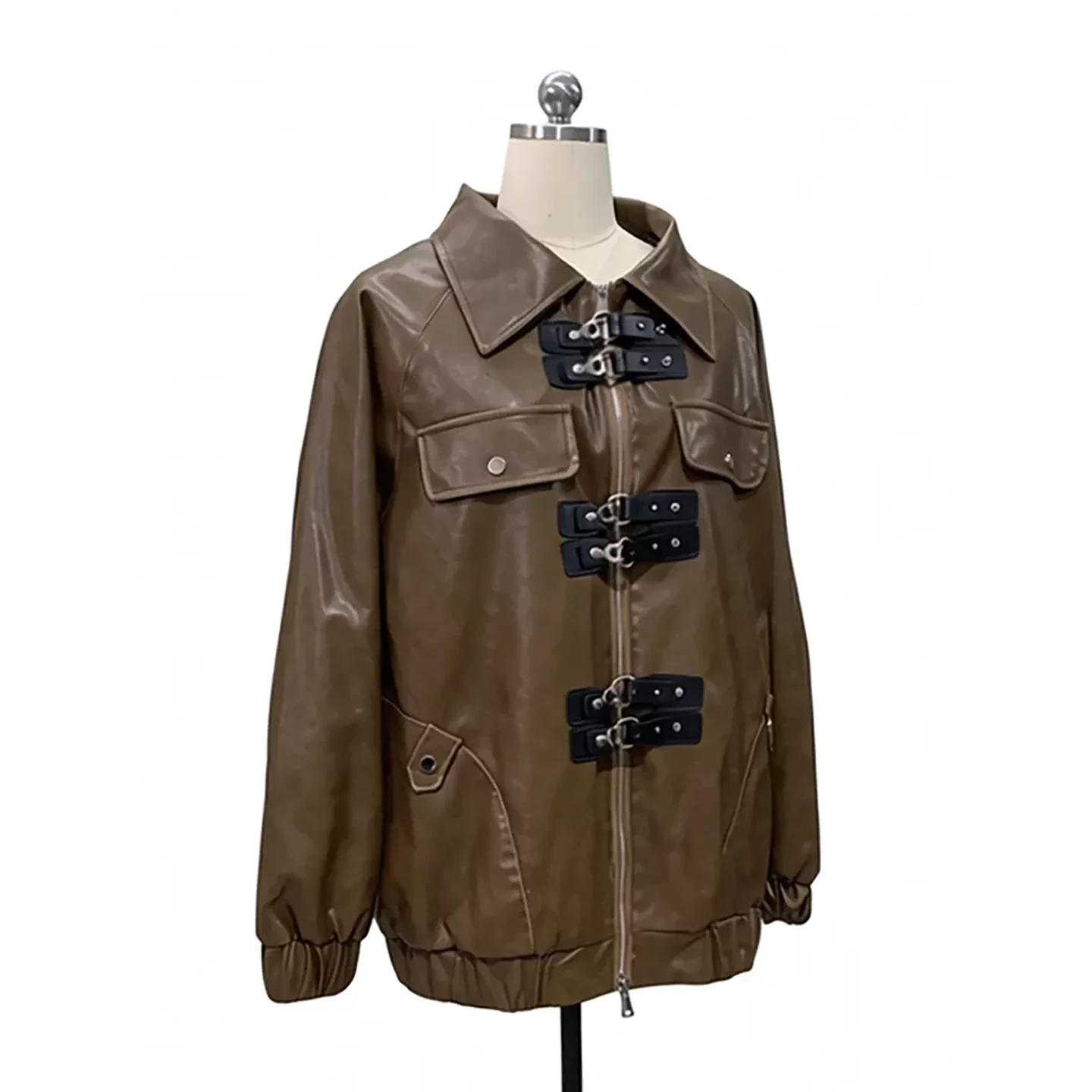 Vintage Brown Leather Jacket Women's Loose Fit Zipper PU Leather Coat Spring Fashion Long Sleeve Pocket Detail Standard Tailo...