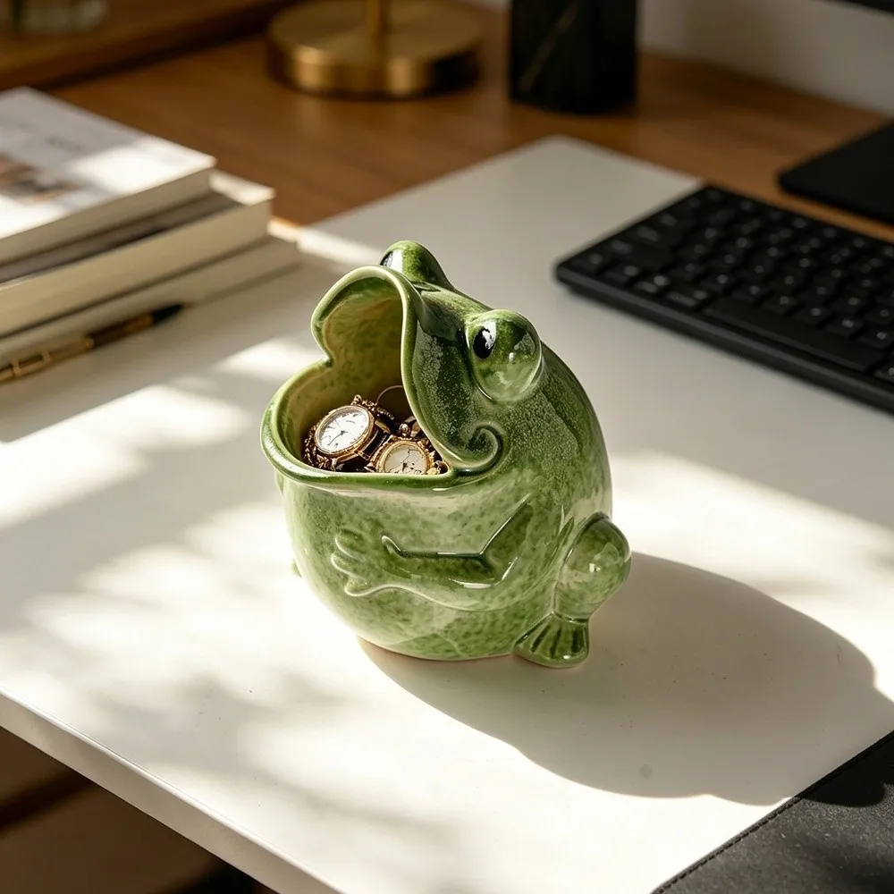 Ceramic Frog Jewelry Holder Glazed Finish Frog Shape Money Saving Jar Open Mouth Freestanding Decorative Frog Container