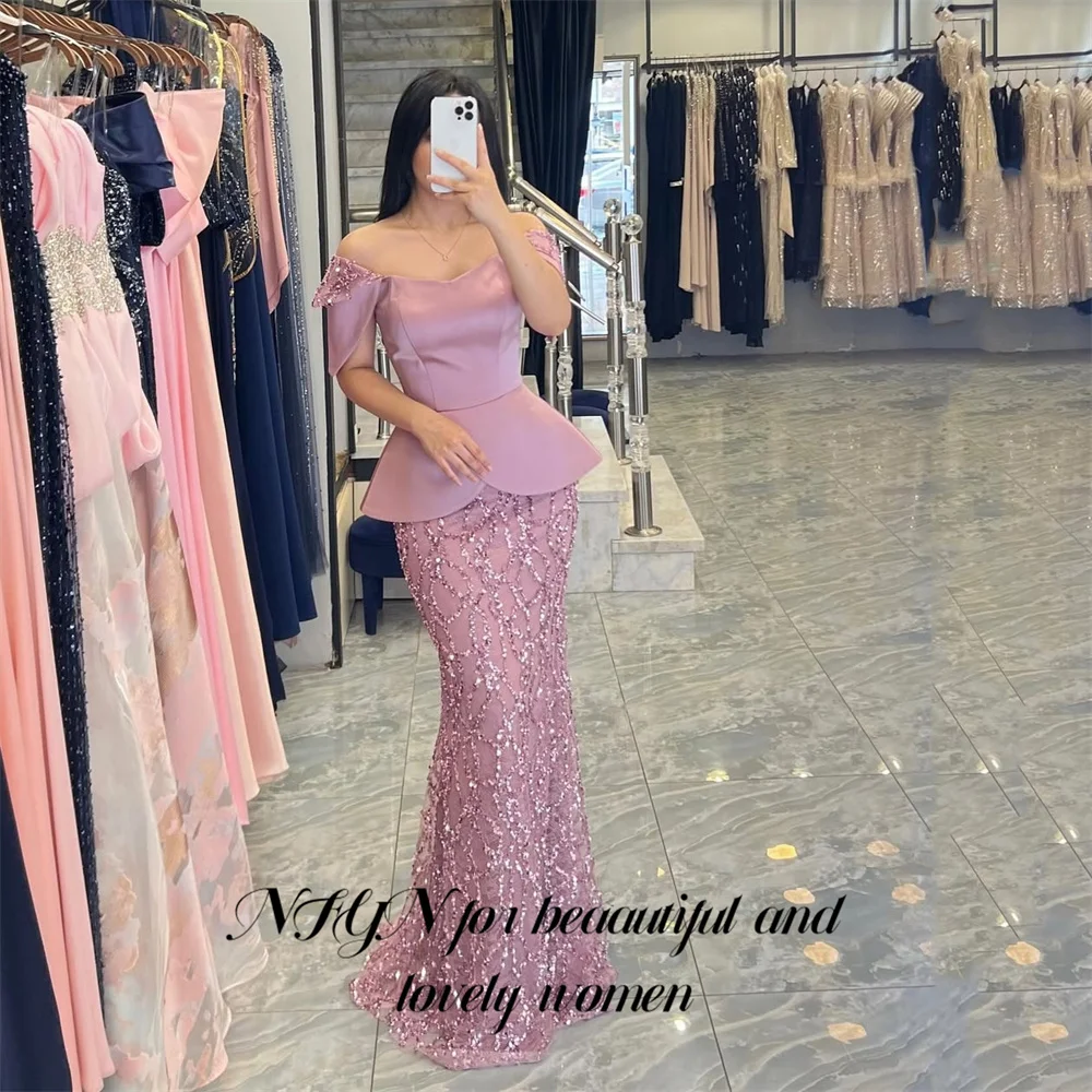

NFYN Pink 프롬 드레 Off the Shoulder Prom Gown Sequined Mermaid Bottom Party Dresses with Peplum for Formal Event Customized