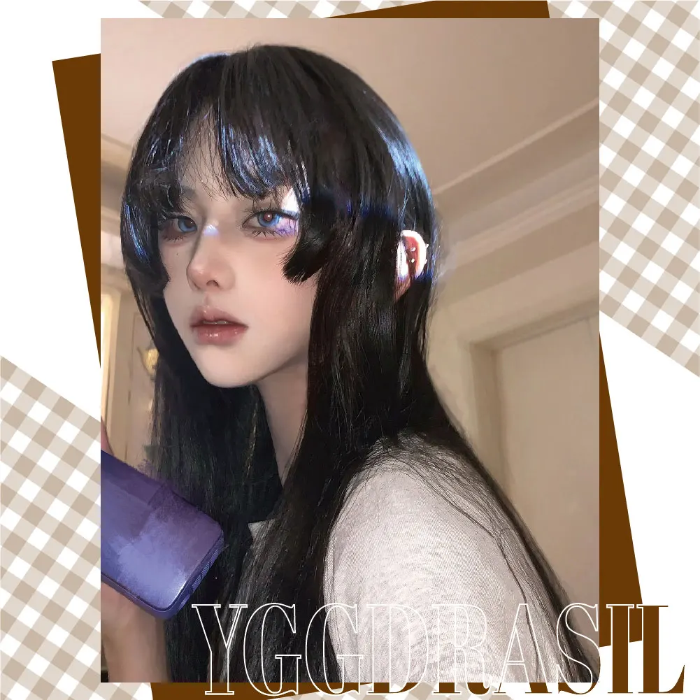 Wig sintetik hitam gaya tradisional 26 inci, dengan poni Wig rambut lurus panjang untuk wanita Hime Cut Cosplay tahan panas harian