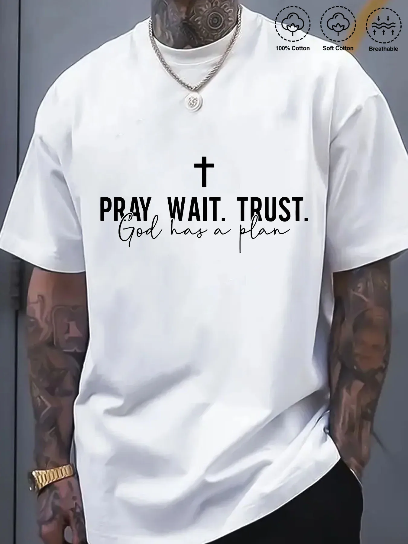 

Large-sized men's pure cotton short-sleeved PRAY. WAIT. TRUST T-shirt - with the words "Pray. Wait. Trust. God is King"