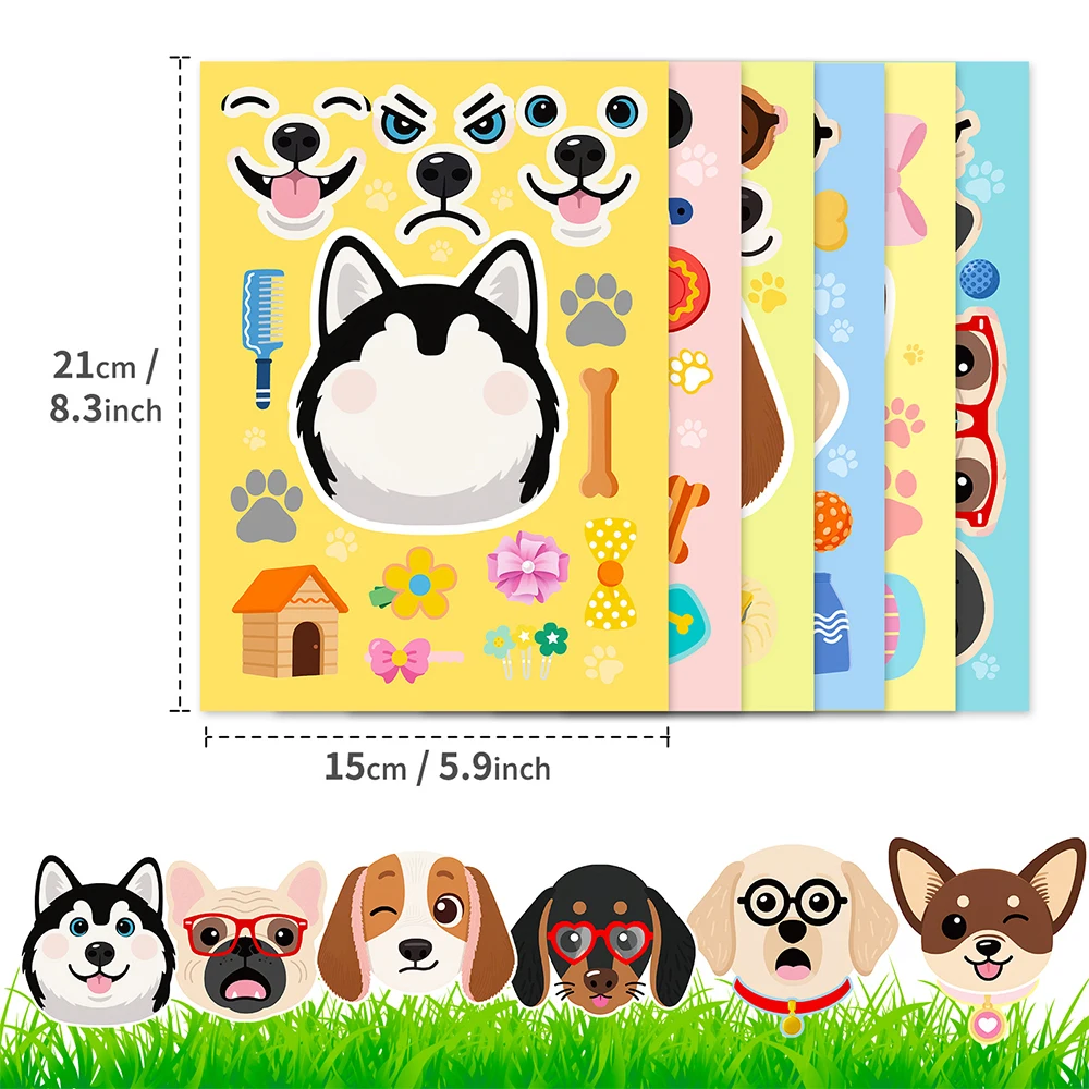 

6/12sheets Funny Cartoon Dog Head Puzzle Stickers Cute Animal Make Your Own DIY Game Decals Children Assemble Jigsaw Sticker Toy