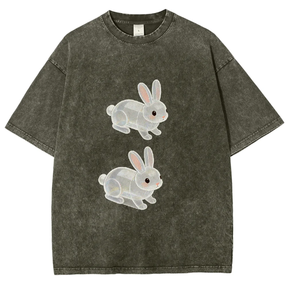 

Washed Clear Rabbit Print Oversized T Shirt Unisex Waffle Texture Y2K Retro Casual Graphic Tee for Animal Lovers Summer