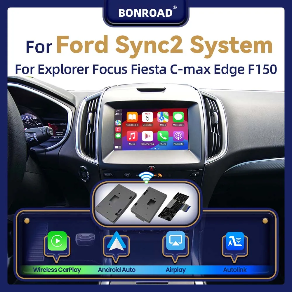 Boîtier décodeur sans fil BONROAD CarPlay Android Auto pour Ford SYNC2 Explorer Focus Fiesta C‑max Edge F‑150 Fusion Taurus, Mirrorlink GPS Navi BT, entrée vidéo de recul, adaptateur d'interface multimédia automobile.