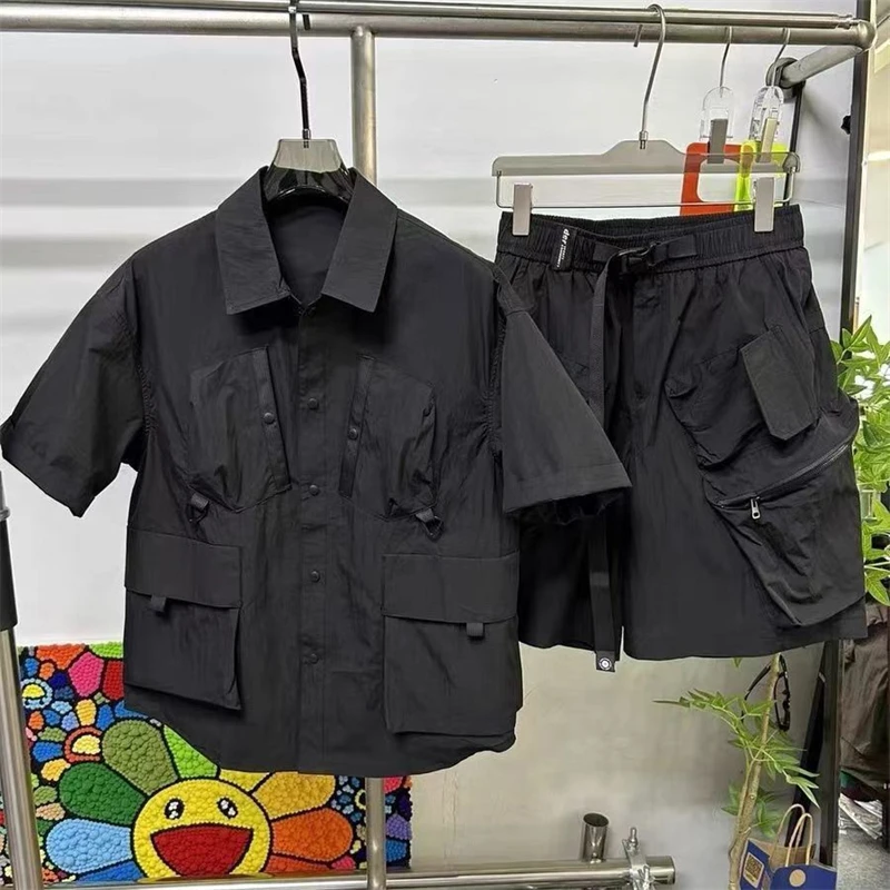 Multi-Pocket Utility Clothes Set Men Summer Streetwear Oversized Shirt & Cargo Shorts 2CPS Urban Tactical Casual Ensemble Outfit